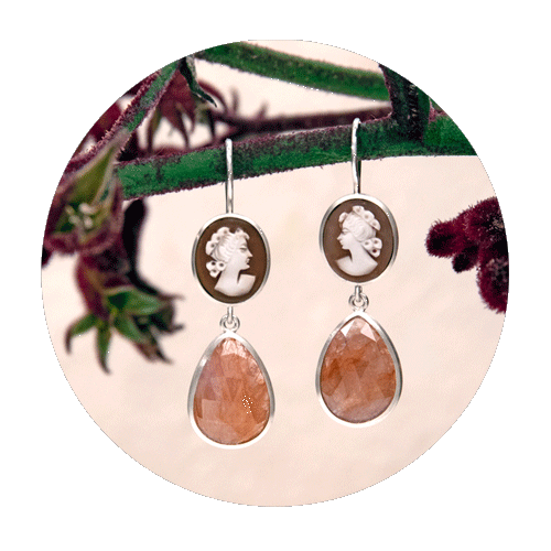 Earrings - shell cameo, sapphire, sapphire drop, rose cut, silver 925/000