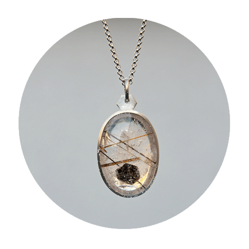 Pendant: rock crystal with rutile needles, oval rutile, inclusions, silver 925/000